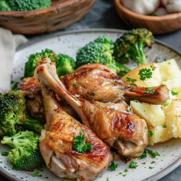 Куриные голени с брокколи  и молодым картофелем